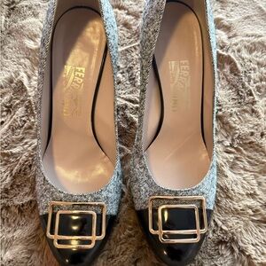Salvatore Ferragamo Gray Tweed Pumps with Black Patent Toe & Gold Buckle Size 11